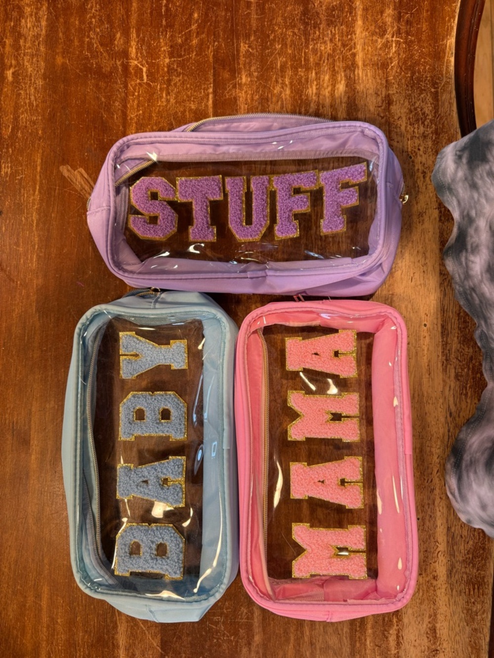 Clear Lettered Cosmetic Pouches - 'STUFF', 'BABY', 'MAMA'